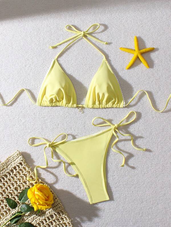 Butter Yellow Women's Solid Color Halter Backless Tied Bikini Top And Bottom 2 Pieces Swimwear, Summer, Beach, Vacation, Summer Outfits For Women, Beach Outfits For Woman, Women Beachwear, Push Up Bathing Suit