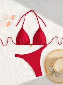 Nuovo set bikini estivo senza fili, con spalline a spaghetti, stile halter, schiena incrocista, laccetti, triangolo vita bassa - Tutto Rosso