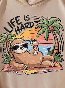 ¡Nuevo para la primavera! Sudadera con estampado de perezoso, cocotero y letras artísticas para niño, sudadera de algodón color albaricoque, sudadera cómoda con hombros caídos, sudadera informal de gran tamaño con curvas, sudadera con cordón versátil para primavera y otoño, ropa informal holgada para salir a la calle, estilo universitario, ropa para niños, drapeada con algodón, suave y transpirable, top de manga larga