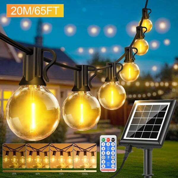 GerTong Solar String Festoon Lights Outdoor - Remote Control 20M / 65.6ft, IP65 Waterproof LED Garden Lights Weatherproof Solar Powered Outside Light For Gazebo Pergola Patio