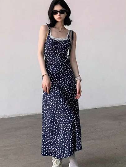 全新夏季碎花无袖中长连衣裙，内置衬里，百搭设计