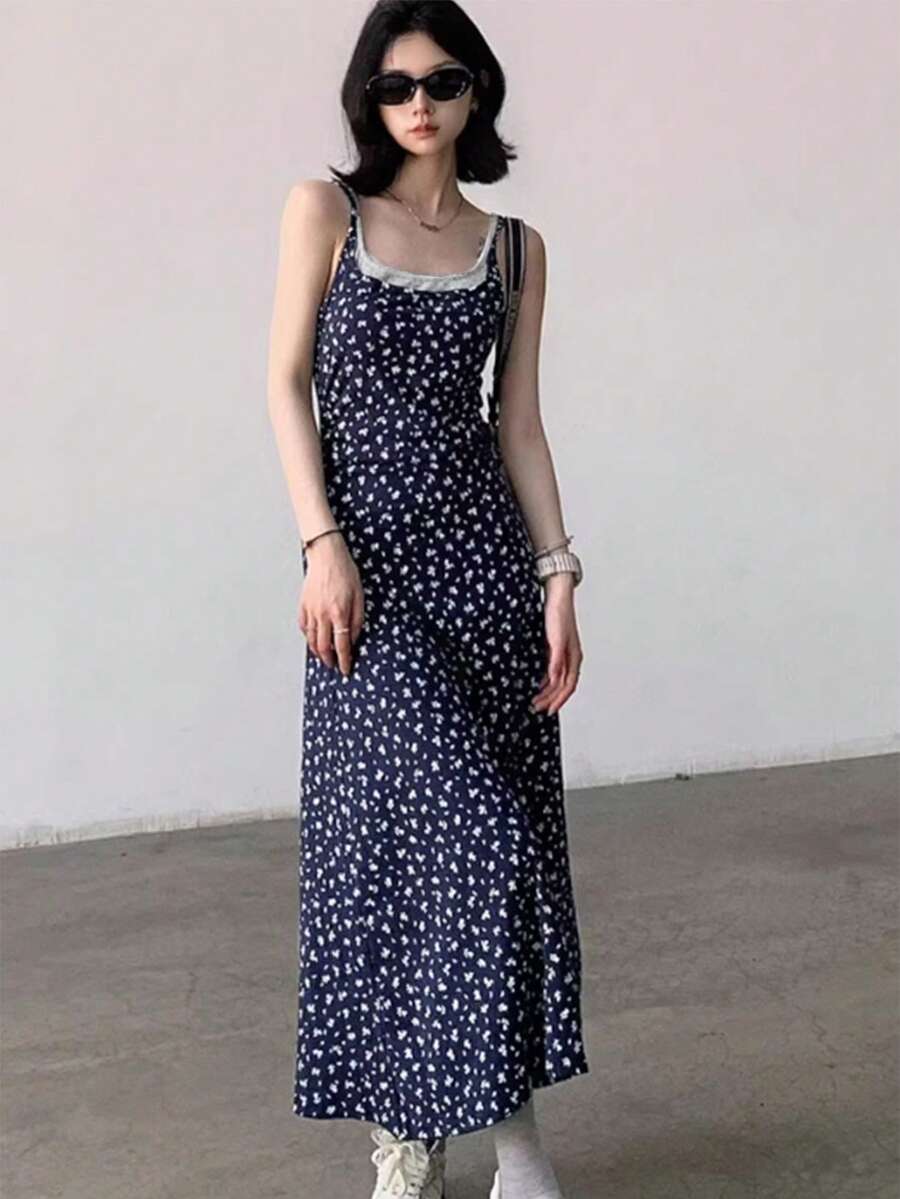 全新夏季碎花无袖中长连衣裙，内置衬里，百搭设计 - 藍色 - 查看 1