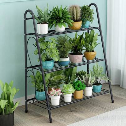 Soporte metálico para plantas de interior, estante metálico de 3 niveles para plantas de exterior, soporte para múltiples flores, escalera decorativa que ahorra espacio, estante para macetas de flores escalonadas para balcón, sala de estar, patio y jardín.