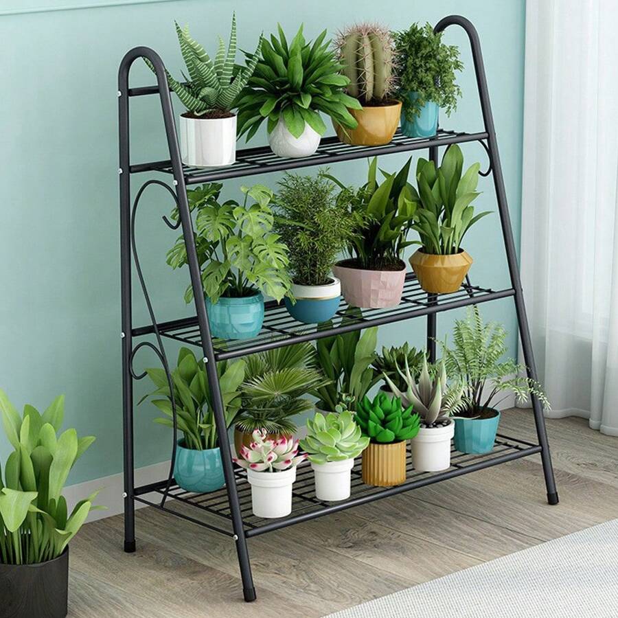 Metall Pflanzenständer Indoor, 3 Ebenen Metall Pflanzen Regal Outdoor, Mehrfachblumenhalter Rack, platzsparende dekorative Leiter gestuftes Blumen Pflanzgefäß Rack für Balkon Wohnzimmer Terrasse Garten