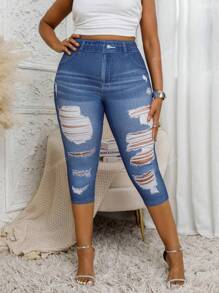 Plus Size Distressed Denim Effect Elastic Casual 3/4 Leggings Shorts
