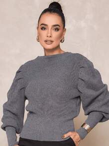Women's Winter Cold Weather Puff Sleeve Princess Long Pleated Knit Sweater Top - 灰色 - 查看 4