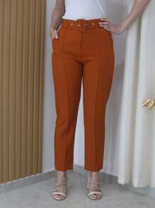 Women's Tailored Formal Pants In Polyester Elastane With Belt - Maxma 6622 - Brown - View 2