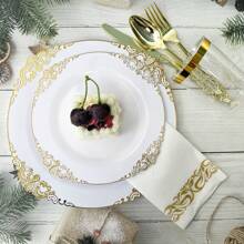 175pcs Black And Gold Plastic Plates - Black Gold Disposable Plates Include 25 Dinner Plates,25pcsDessert Plates,25 Knives,25 Forks,25 Spoons,25 Cup,25 Napkins For Wedding & Party - 白色 - 查看 8