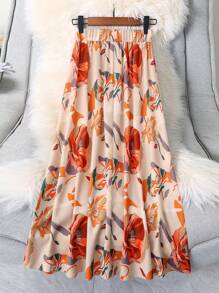 EARO Falda elegante de cintura alta, estampado floral, estilo minimalista y versátil para uso diario, con cintura elástica y corte evasé hasta la rodilla, de alta calidad, para otoño/invierno