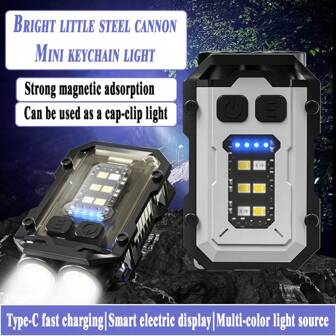1 件便携式可充电手电筒，铝合金工作灯钥匙扣手电筒，带 Type-C 快速充电，双光源，多色灯光效果，智能电池指示器，磁性底座和夹子双模式，IPX4 防水防摔，持久耐用，户外 EDC/应急照明，迷你防刮