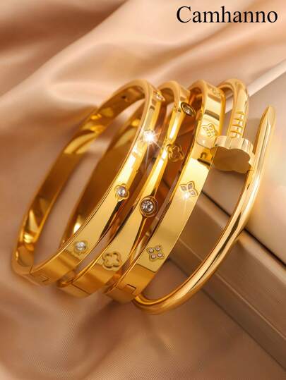 Camhanno 4pcs Luxury Fashion Stainless Steel Clover Bracelet Set Is Suitable For Sending Girlfriends During The Holidays