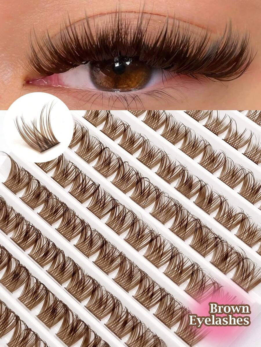 100pcs D Curl Brown DIY Cluster Lashes, Easy-Apply Individual Lash Extensions, Reusable Eyelash Clusters