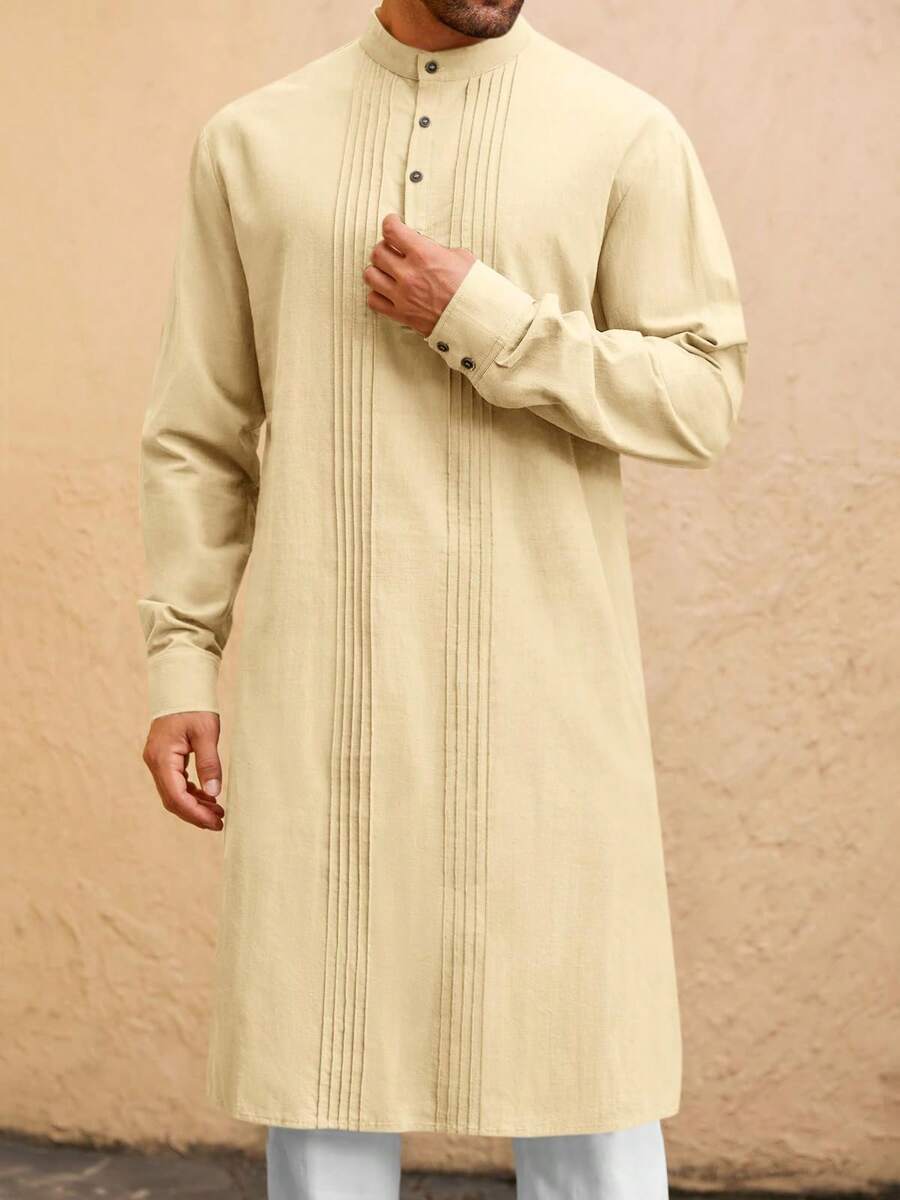 Runcati Kaftan de lino y algodón para hombre, bata musulmana informal de manga larga con botones y camisa Henley - Beis - Ver 1