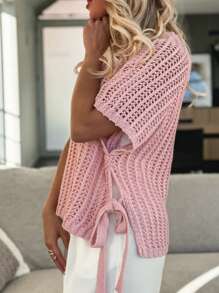 Women's Hollow Out Crochet Side Tie Short Sleeve Sweater, Summer - Pink - View 2