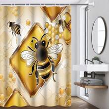 1-4 件套浴室套装包括可爱的蜜蜂和花朵印花浴帘、柔软法兰绒海绵浴室垫、防滑马桶 U 型垫、干湿分离浴室垫装饰