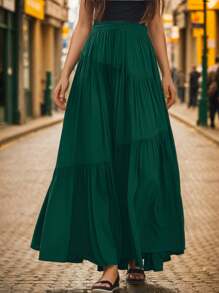 hoteel Chic Boho Style Pleated Design Maxi Skirt With Pockets, Elastic Waist Irregular Layer Hem A-Line Skirt, Woman's Clothes - Green - View 1