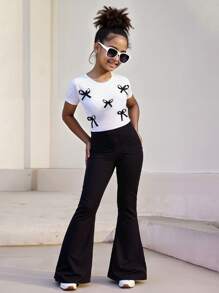 2 件套女童简约蝴蝶装饰圆领短袖上衣和阔腿裤套装，夏季 - 白色 - 查看 1