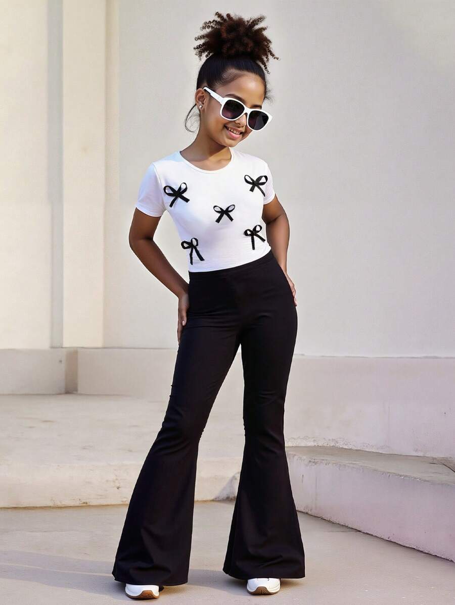 2 件套女童简约蝴蝶装饰圆领短袖上衣和阔腿裤套装，夏季 - 白色 - 查看 1