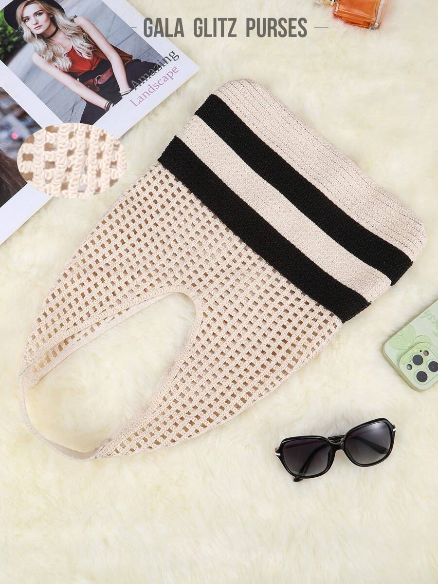 1pc Beige Original Design Medium Woven Bag For Women, Fashion Beach Bag, Hollow Mesh Tote Bag, Shopping Bag, Suitable For Daily Use, Dates, Gifts For Graduates, Teenagers, College Students, Holidays, Beach, Shoulder Bag, Crossbody Bag, Large Capacity Handheld Bag