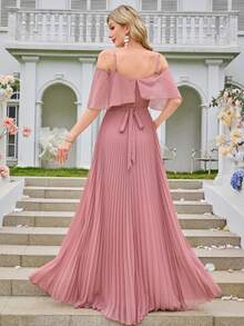 Chiffon Minimalist Sexy Off Shoulder Ruffle Bodycon Party Wedding Dress,Bridesmaid Dress - Coral Pink - View 2