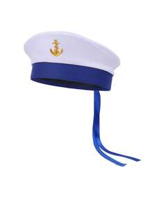3pcs/Set New Sailor Hat, Unisex Style, Theme Party Performance Stage Sailor Cap With Blue Ribbons - White - View 2