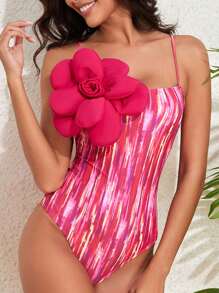 Women's Monokini Swimsuit Tight Fitted 3D Flower Square Neck Spaghetti Strap Swimwear For Beach - Red - View 3