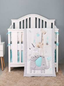 適用於男女通用的Sweet Baba Grey動物嬰兒圍欄床上用品套裝，包括三件套：被子、合適的床單和圍欄裙 - 淺灰色 - 查看 10