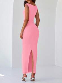 Women Elegant One Shoulder Mesh Maxi Dress Maxi Dress Summer Sleeveless Ruched Slit Back Bodycon Dress Formal Cocktail Wedding Guest Night Out Evening Valentine's Day Long Maxi Dress - 粉色 - 查看 2