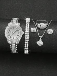 6 件套女士奢华水钻罗马数字石英表带项链、戒指、耳环、手链，母亲节、教师节、感恩节、学生毕业、生日礼品套装 - 彩色 - 查看 14