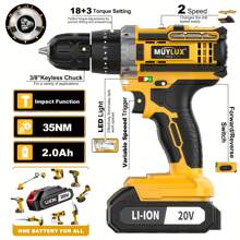[Cordless Drill Set] 20V 2-Variable Speed Cordless Drill Set, Impact Power Drill With 3/8 Inch Keyless Chuck, 18+3 Clutch Electric Drill, Max Torque 45Nm, Work Light, 2.0AH Batteries And Fast Charger - 2X20V 2.0Ah Drill Set - View 6