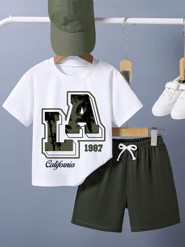 Tween Boy Letter Print Short Sleeve T-Shirt And Shorts Summer Outfit Set