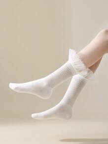 1 Pair Girls Mid-Calf Socks With Bow Decor, Cute Butterfly Lace Crew Socks, Versatile For Daily Wear, Summer - Red - View 17