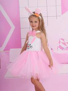 Easter Costume Bunny Tulle Dress And Headband Set For Cosplay Party Holiday Outfit - 粉色 - 查看 3