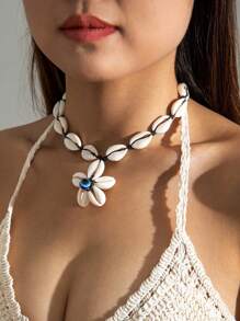 1pc Fashionable Versatile Bohemian Style Woven Flower, Evil Eye & Seashell Pendant Necklace, Suitable For Beach, Party, Gift - Multicolor - View 12