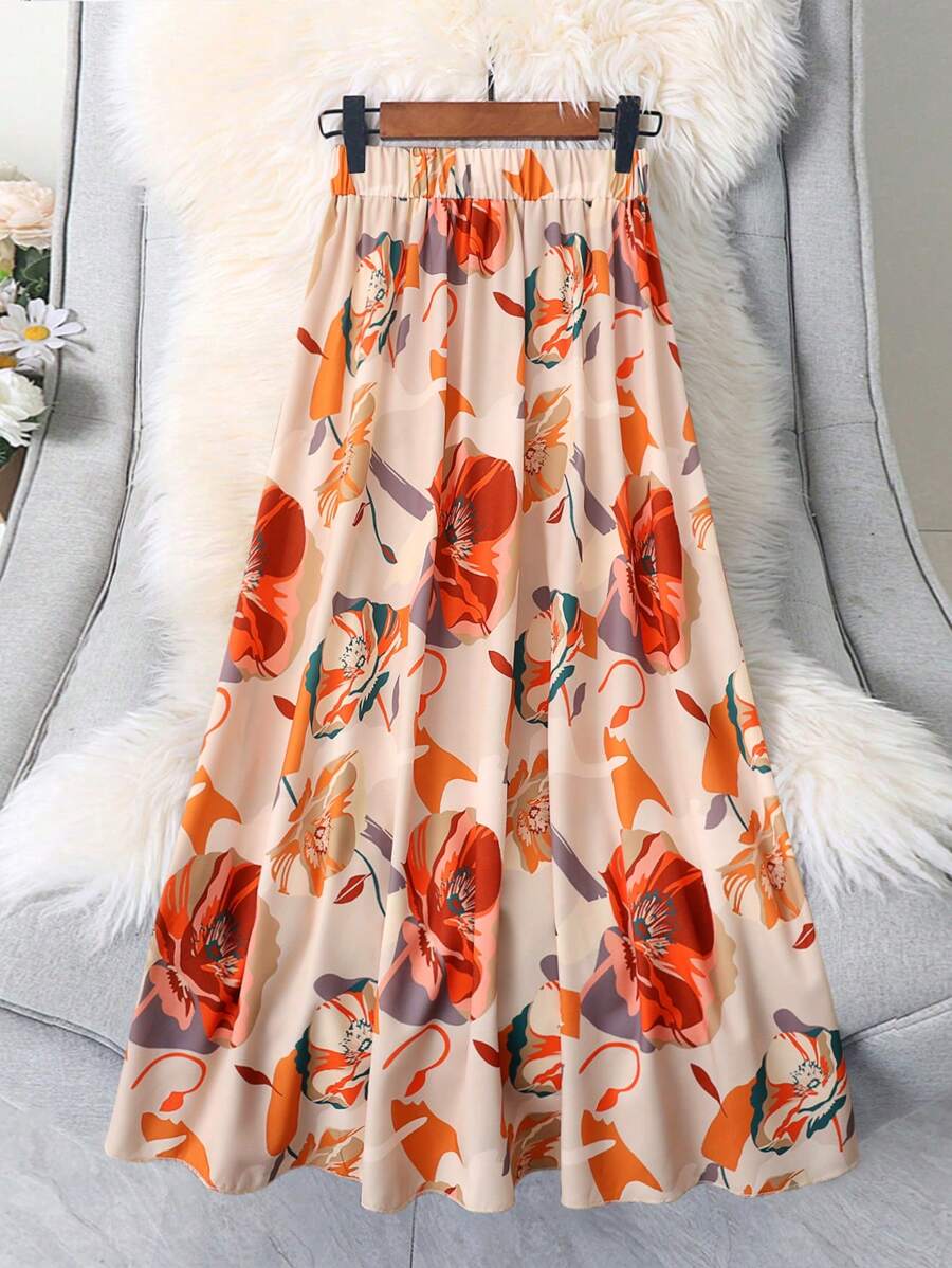 EARO Falda elegante de cintura alta, estampado floral, estilo minimalista y versátil para uso diario, con cintura elástica y corte evasé hasta la rodilla, de alta calidad, para otoño/invierno