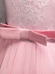 New Girls Long Sleeve Lace Dress, Children Princess Bow Mesh Tulle Dress, Christmas Wedding Flower Girl Piano Recital Costume (Please Select Size According To Chest Measurement In Size Chart) - Pink - View 6