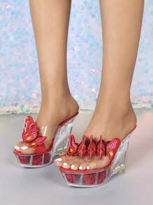 Sexy Transparent Crystal Wedge Heels, Fashion Nightclub & Party Wear, Breathable Crystal Clear Platform Sandals - Red - View 2
