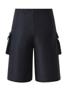 1pc Young Boy Black Lightweight 3/4 Pants With Functional Side Pockets - Black - View 2