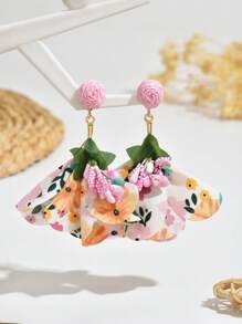 1 par de brincos de tecido floral boêmio feitos à mão, acessórios de orelha florais elegantes, estilo de moda, adequados para casamentos, festivais, dia das mães, diário, férias, festa para mulheres