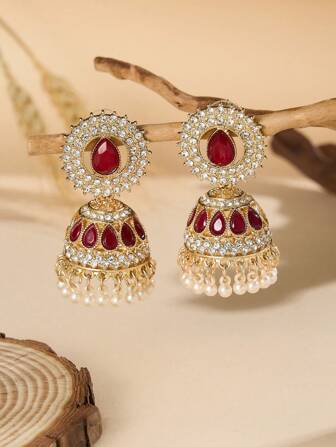 优雅的南亚风格彩色吊坠耳环，镶嵌水滴水钻、流苏饰物、仿珍珠耳饰，适合女性日常佩戴、节日、婚礼和派对、女性礼物