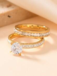 2 Stücke/Set einfache 4MM Zirkonia Dekor Edelstahl Ring für Frauen