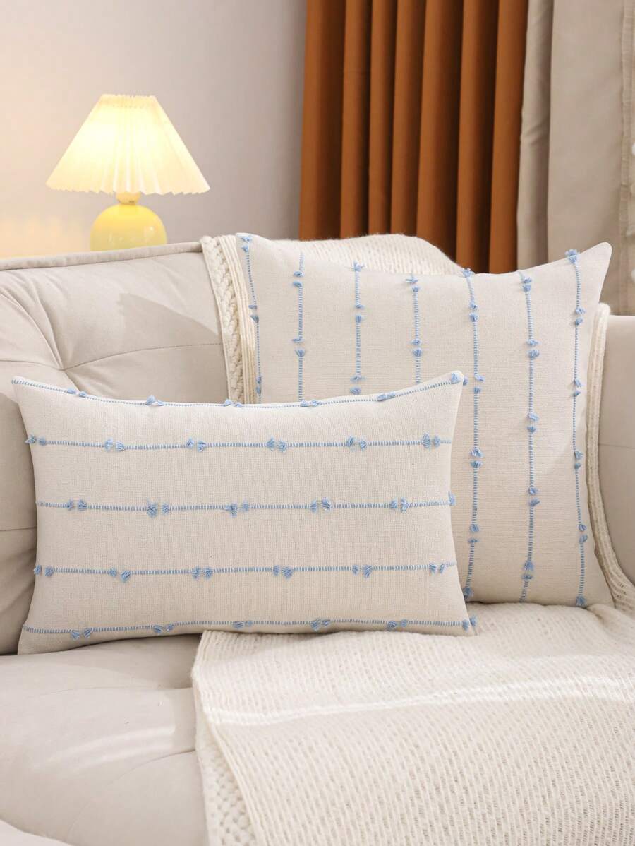 Cirelle Tasseled Linen Striped Jacquard Decorative Throw Pillow Case For Living Room, Bedroom, Sofa - Baby Blue - View 1