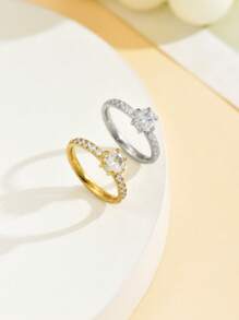 1pc Exquisite Luxury Newly Designed Rhinestone Inlaid Stainless Steel Ring, French Wedding Engagement Party Jewelry Accessory - Diamond Ring - View 2