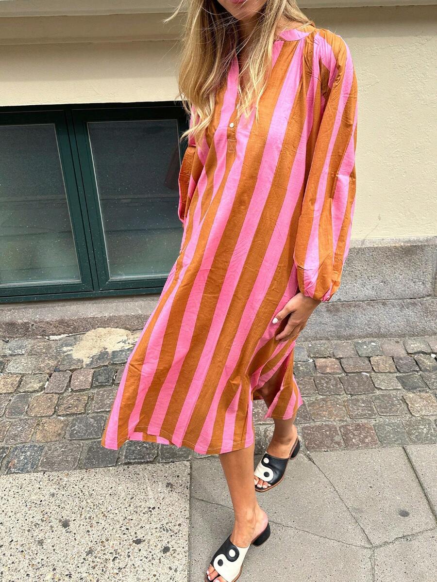 Womens Long Sleeve Striped Maxi Dress Loose Tie-Up Notch V Neck Side Slit Summer Long Dress Beach Sundress - Army Green - View 1