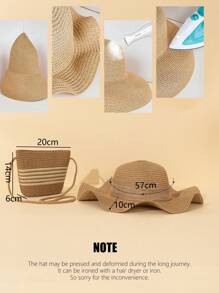 2Pcs Women Khaki Beach Sun Visor Wave Straw Hat & Crossbody Straw Tote Bag Set, Suitable For Travel & Vacation