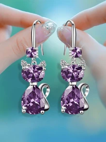 YSH.ZIXIN 1 Pair Crystal Cat Pendant Earrings With Ocean Heart Design, Shining Rhinestone Eardrops For Women