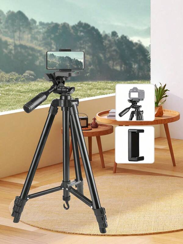Multi functional and convenient tripod with phone clip and storage bag, adjustable height, 180 ° tilt handle with hook, 360 ° free rotation, easy to operate, suitable for all angles, sturdy travel camera tripod