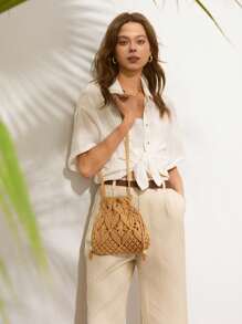 女士编织小手提包，新款时尚柳条斜挎包，小众小众沙滩单肩包，百搭方形信封式别致斜挎包，沙滩度假包，沙滩钱包，夏季、度假和日常使用的完美之选 - 卡其色 - 查看 5