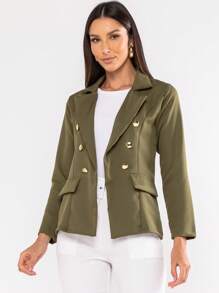 Blazer Feminino Elegante Terninho Social Alfaiataria Com Botões - Verde Militar - Visão 2