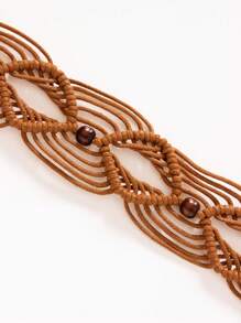 Plus Size Woven Belt, Women's Bohemian Style Woven Belt, Vintage Wax Rope Handmade Wooden Ring Hollow Woven Belt, Black, Camel, Khaki Woven Belt, Suitable For Outdoor Dresses - Multicolor - View 12